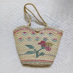 Elegant Floral Straw Tote Bag - Cream, Pink, Yellow